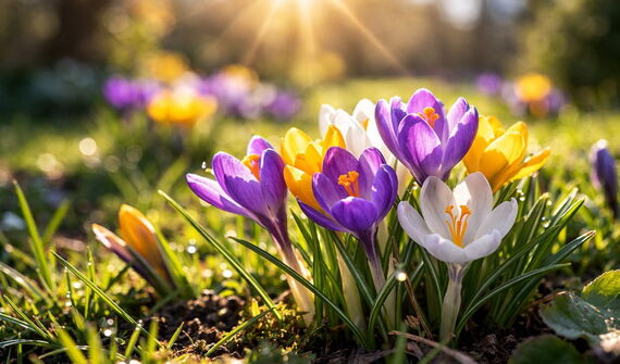 Krokusse auf einer Wiese im Sonnenlicht