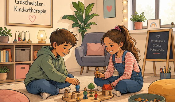 Illustration von zwei auf dem Boden miteinander spielenden Kindern