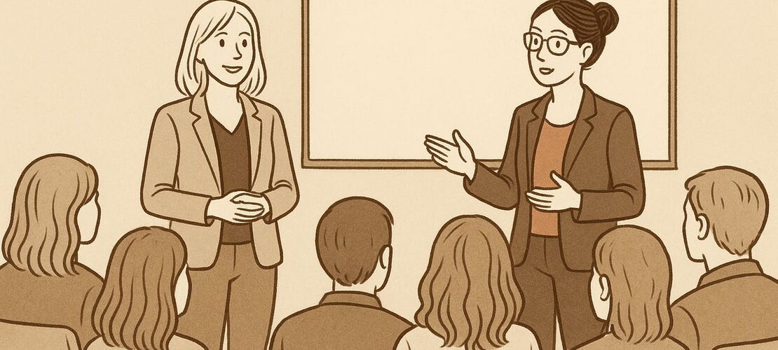 Illustration zwei Frauen halten einen Vortrag