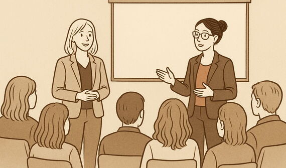Illustration zwei Frauen halten einen Vortrag