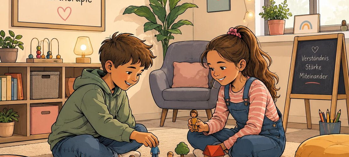 Illustration von zwei auf dem Boden miteinander spielenden Kindern