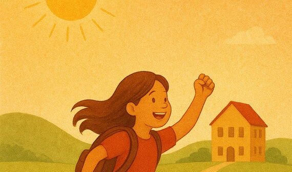 Ein Mädchen läuft an einem sonnigen Tag vergnügt auf einem Weg