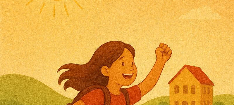 Ein Mädchen läuft an einem sonnigen Tag vergnügt auf einem Weg