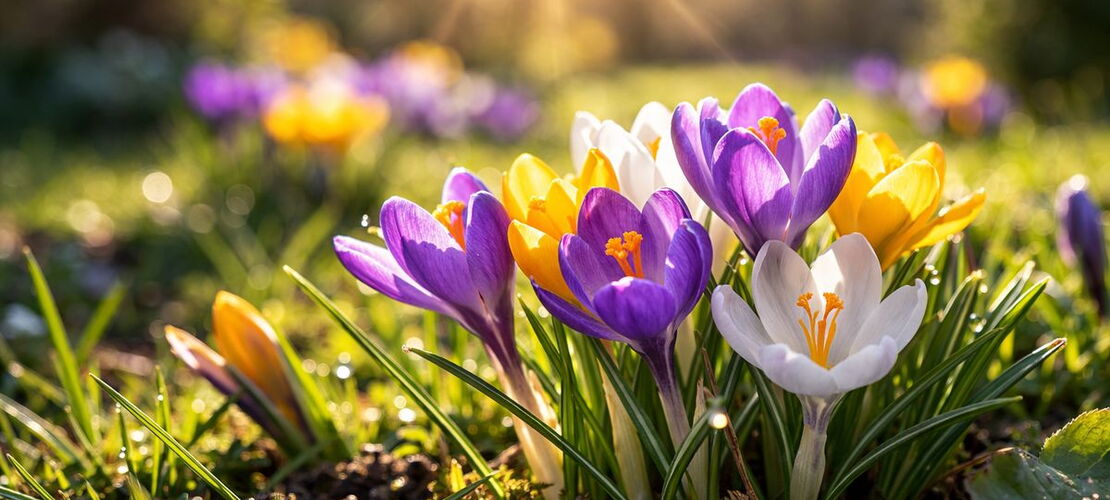 Krokusse auf einer Wiese im Sonnenlicht