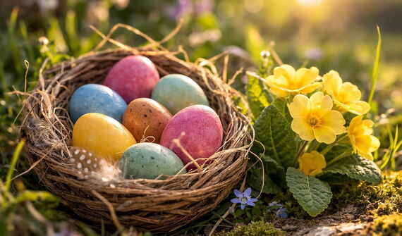 Dekoratives Körbchen mit bunten Ostereiern inmitten von Frühlingsblumen