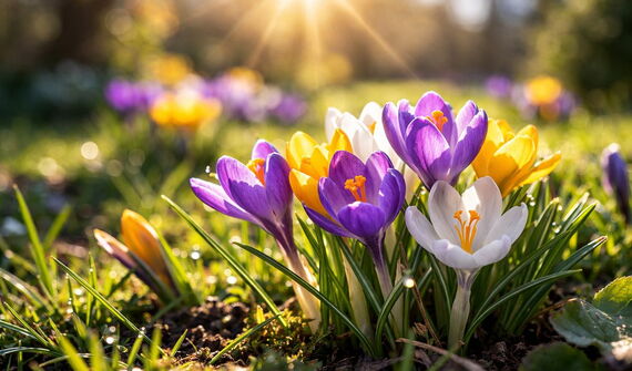 Krokusse auf einer Wiese im Sonnenlicht